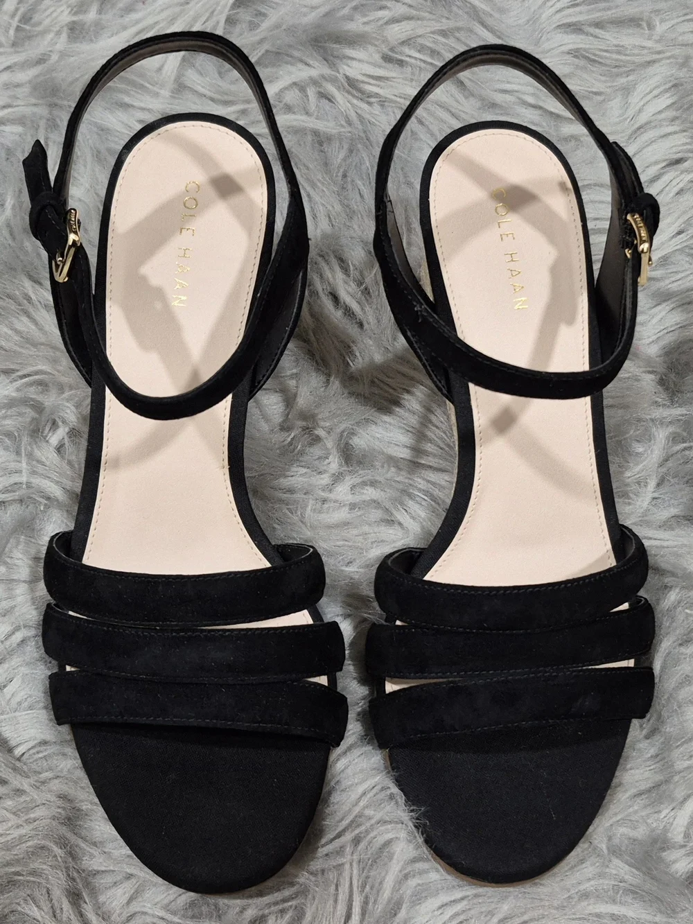 COLE HAAN Women's Black Suede Strap Espadrille Wedge Sandals Size 7.5B